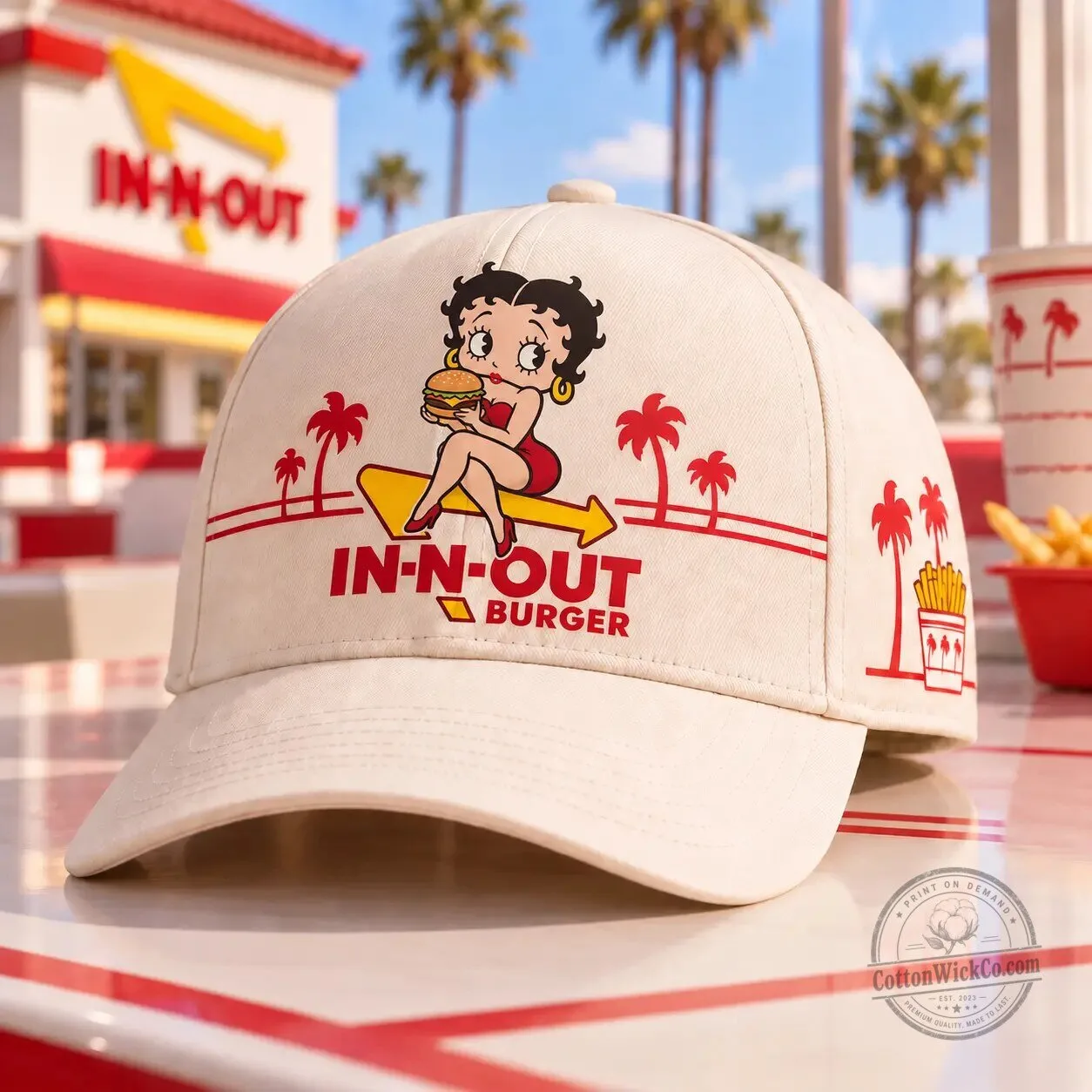 In-N-Out Burger Betty Boop Cartoon Graphic White Baseball Cap Hat
