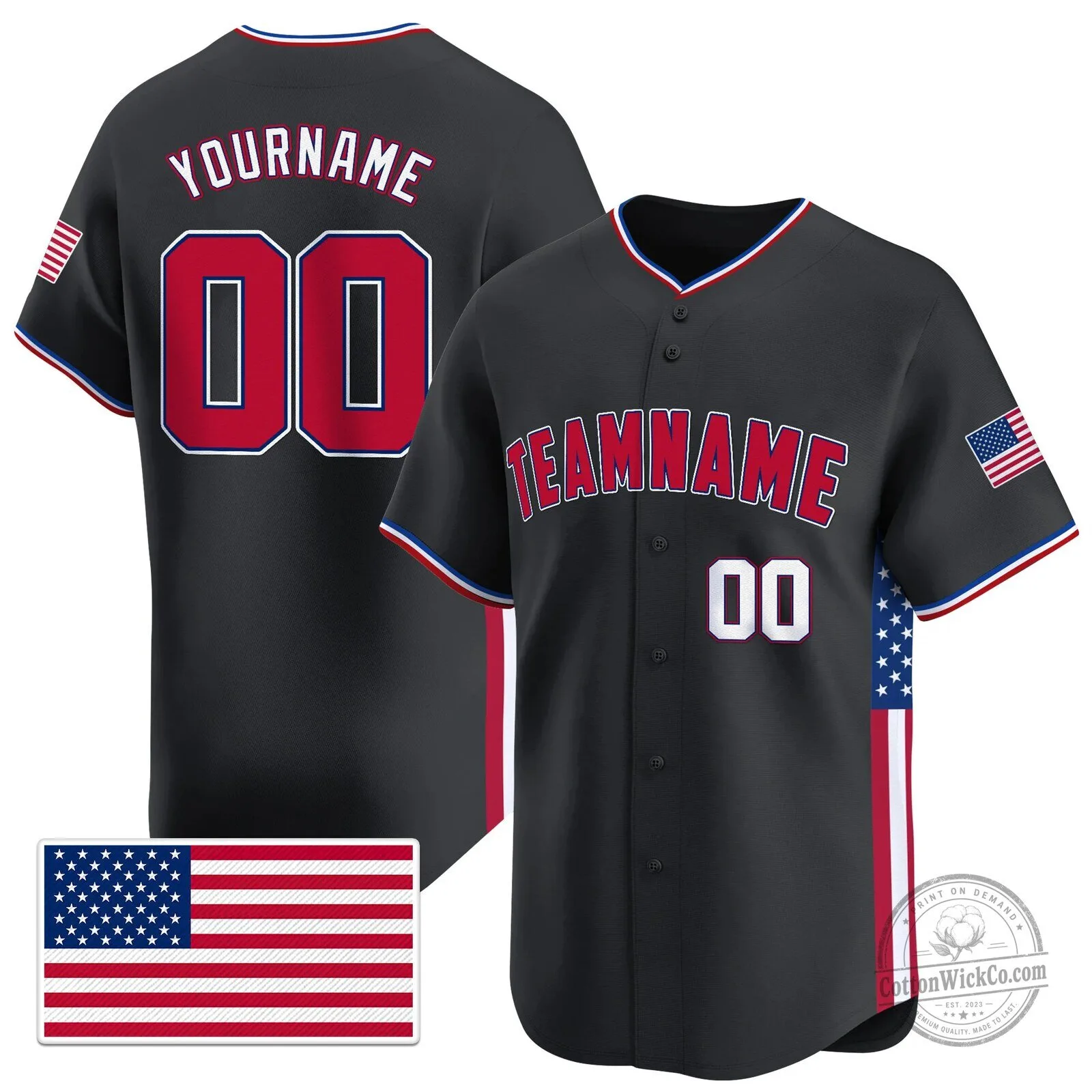 American Flag Custom Black Baseball Jersey with Red White Blue Trim