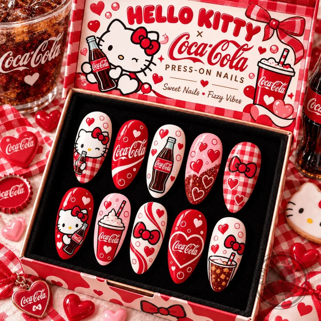 Hello Kitty Coca-Cola Red Bows and Gingham Pattern Press-On Nails Set Hello Kitty Coca-Cola Red Bows and Gingham Pattern Press-On Nails Set