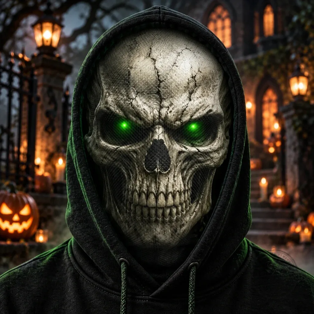 Skull Face Halloween Balaclava Mask with Green Eyes - Spooky Grim Reaper Headwear Skull Face Halloween Balaclava Mask with Green Eyes - Spooky Grim Reaper Headwear