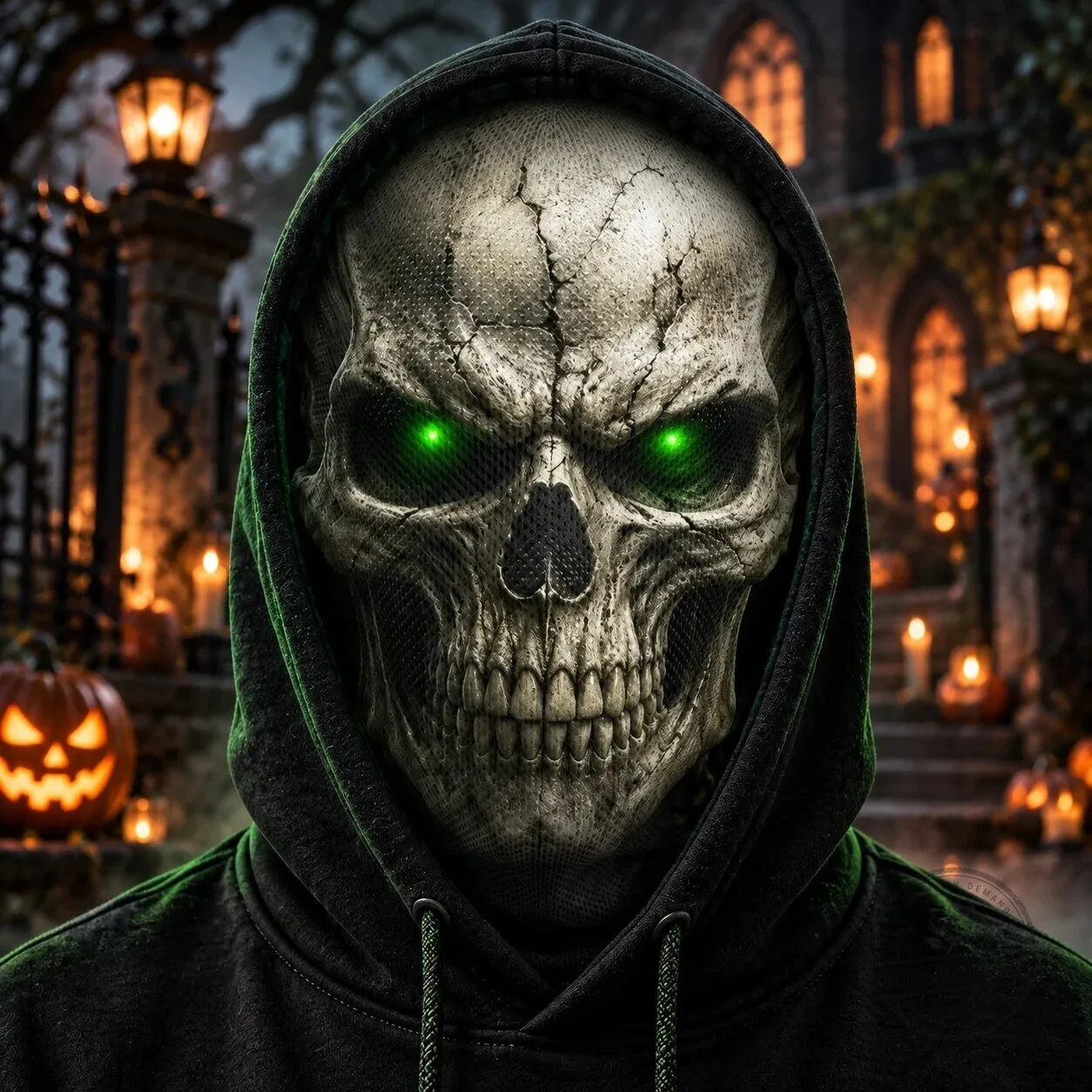 Skull Face Halloween Balaclava Mask with Green Eyes - Spooky Grim Reaper Headwear