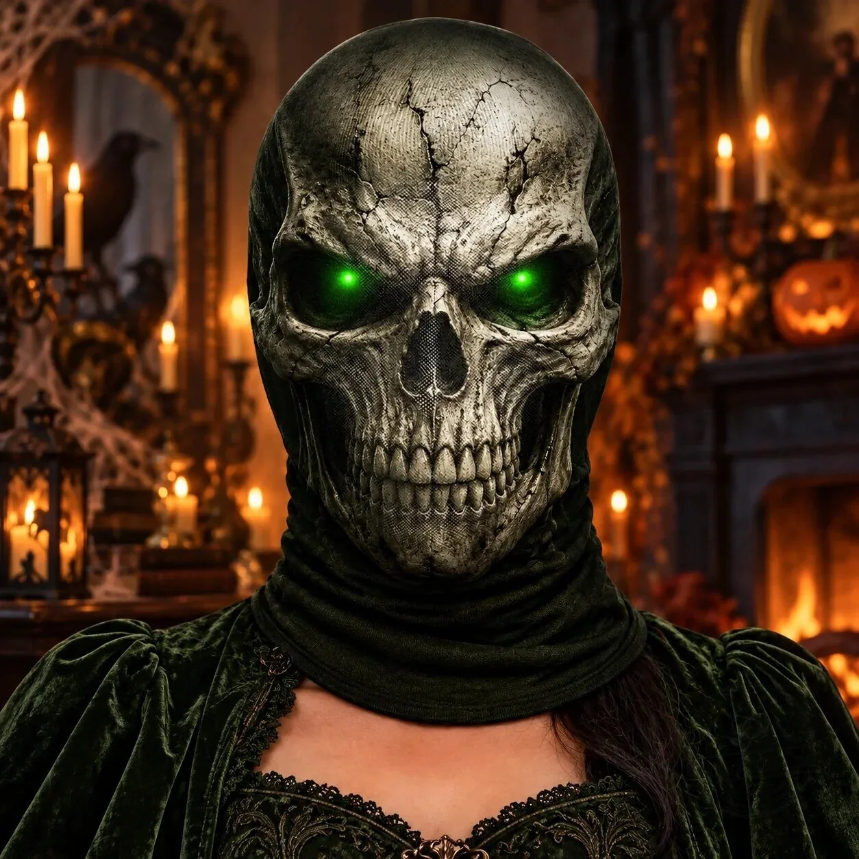 Skull Face Halloween Balaclava Mask with Green Eyes - Spooky Grim Reaper Headwear 7 Skull Face Halloween Balaclava Mask with Green Eyes - Spooky Grim Reaper Headwear