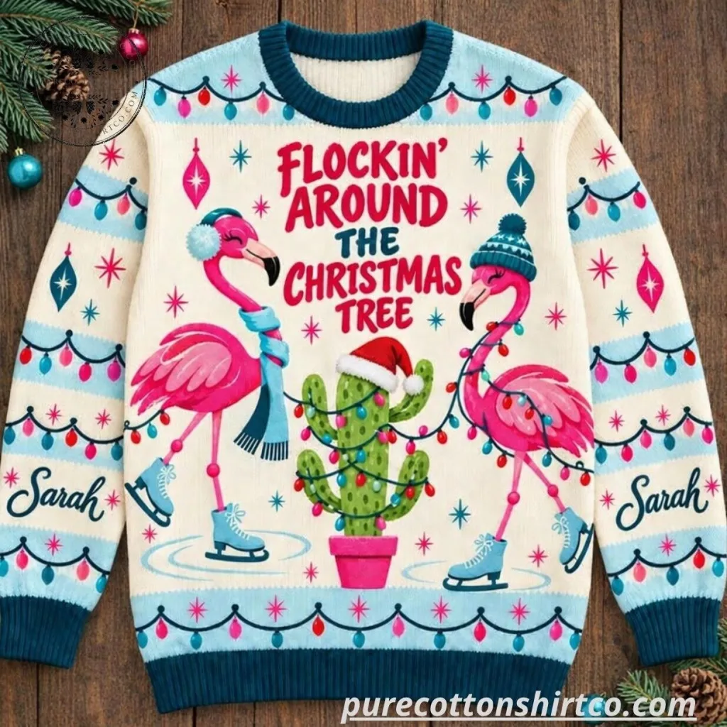 Flamingo Flockin Around The Christmas Tree Ugly Sweater 2026 Flamingo Flockin Around The Christmas Tree Ugly Sweater 2026