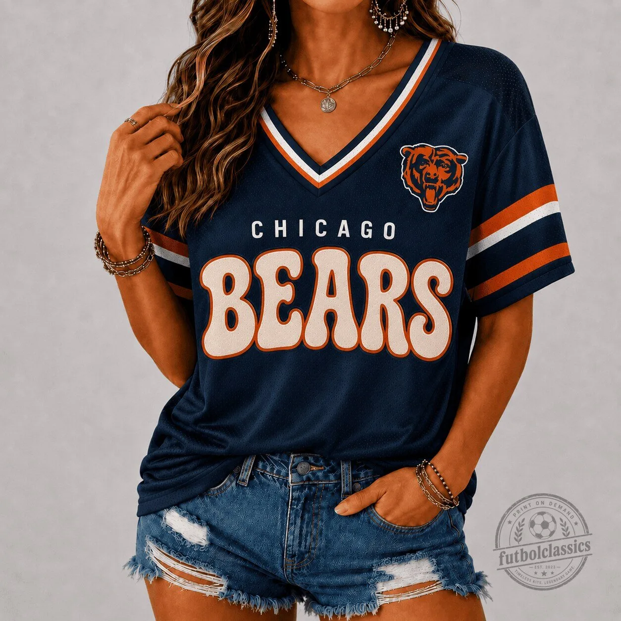 Chicago Bears Shirt Vintage Groovy V-Neck Football Team T-Shirt for Women