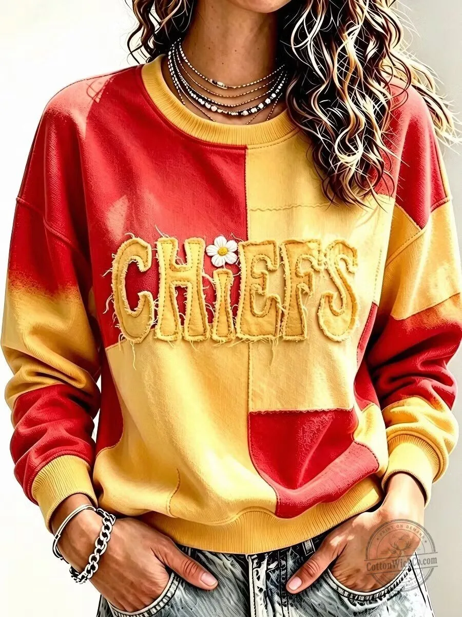 Kansas City Chiefs Football Team Red and Yellow Patchwork Crewneck Sweatshirt