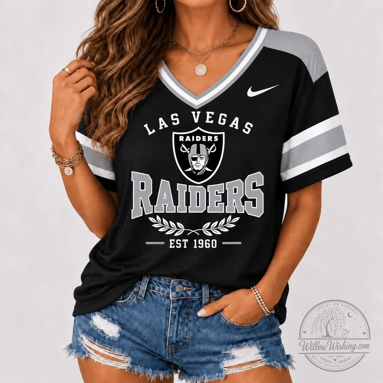 Women’s Black V-Neck Football Jersey in Vintage Style for Las Vegas Raiders 1 Women’s Black V-Neck Football Jersey in Vintage Style for Las Vegas Raiders