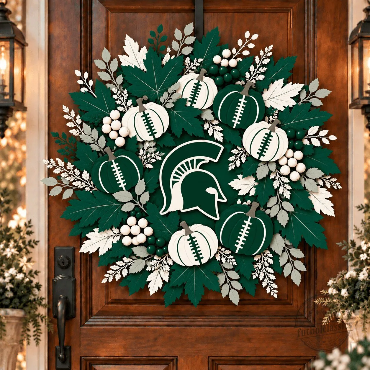 Michigan State Spartans Football Pumpkin and Maple Leaf Fall Wreath 1 Michigan State Spartans Football Pumpkin and Maple Leaf Fall Wreath