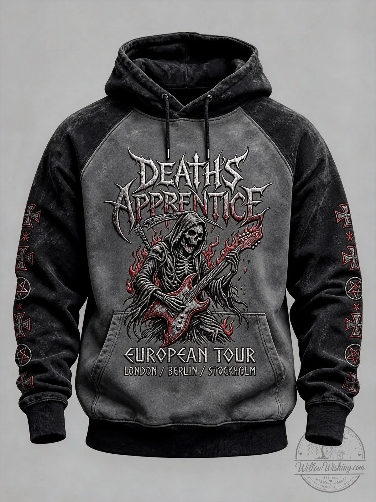 Death's Apprentice European Tour Skeleton Playing Guitar Hoodie 1 Death's Apprentice European Tour Skeleton Playing Guitar Hoodie