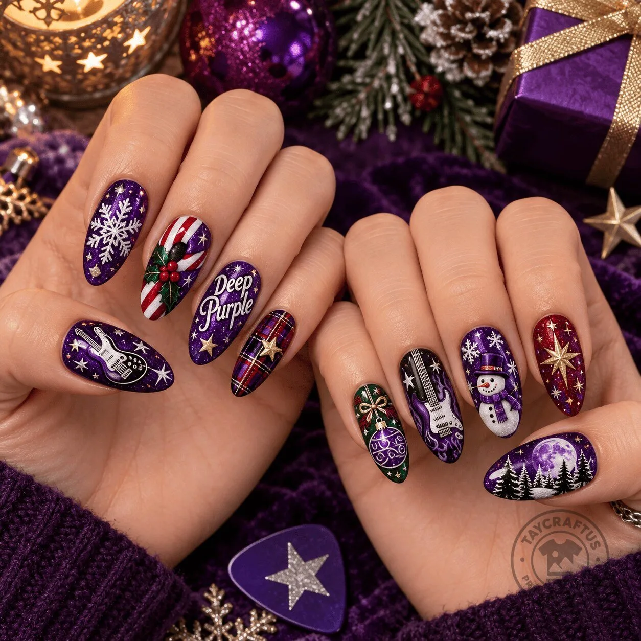 Deep Purple Christmas Snowflake Guitar Plaid Snowman Press-On Nails