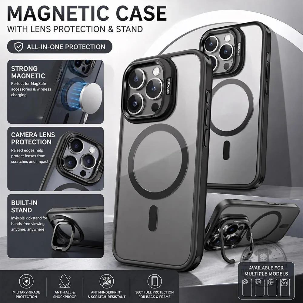 Magnetic Phone Case with Camera Lens Protection and Built-in Kickstand