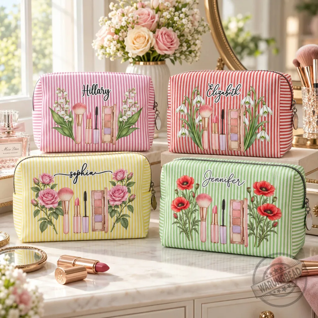 Personalized Birth Flower Makeup Bag with Custom Name for Women Personalized Birth Flower Makeup Bag with Custom Name for Women