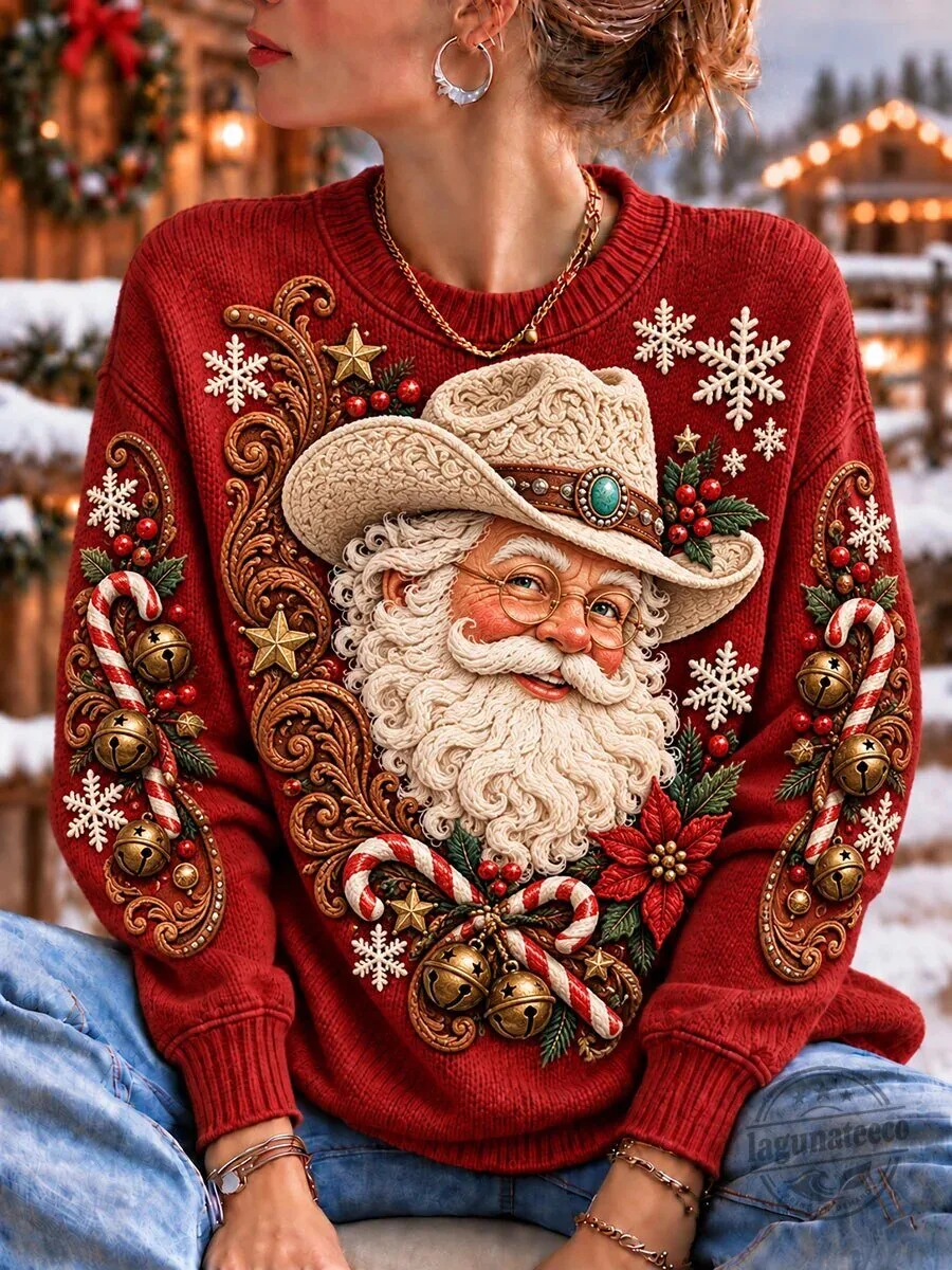 Western Santa Claus Christmas Holiday Snowflake Bells Red Crewneck Sweatshirt