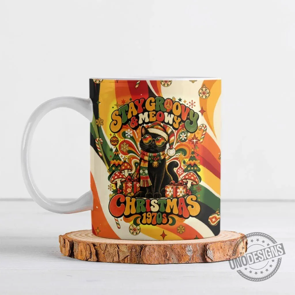 Stay Groovy And Meowy Christmas 1970s Black Cat Retro Holiday Mug