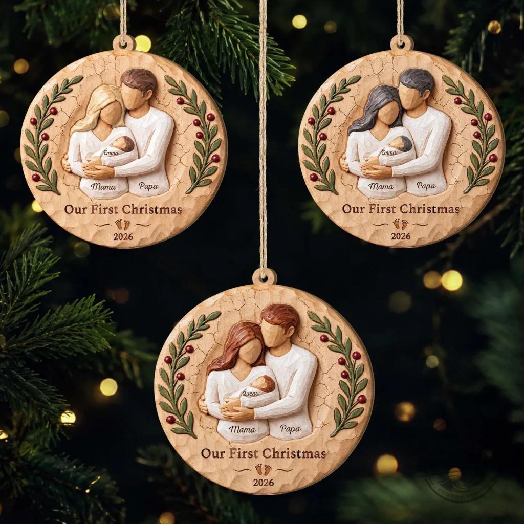 Our First Christmas Newborn Family Wood Ornament - Personalized Gifts for New Parents Our First Christmas Newborn Family Wood Ornament - Personalized Gifts for New Parents