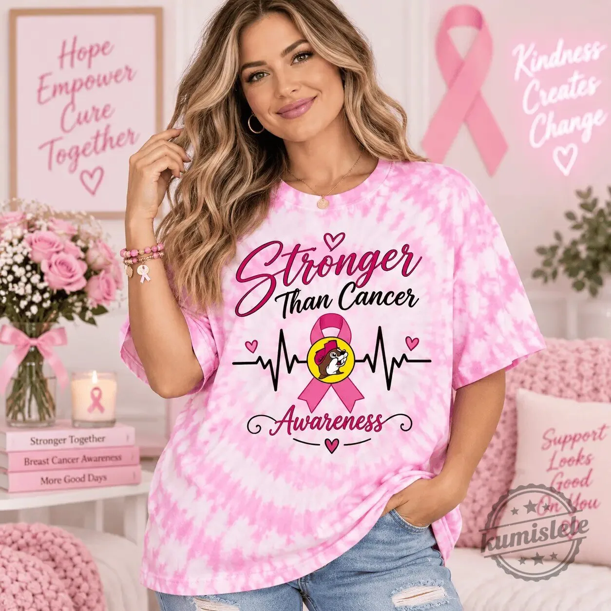 Buc-ee's Stronger Than Cancer Hope Faith Cure Pink Ribbon Awareness T-Shirt 9 Buc-ee