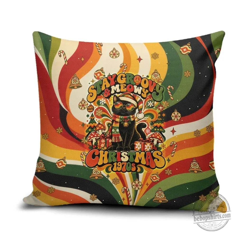 Stay Groovy Meowy Christmas 1970s Black Cat Retro Holiday Pillow