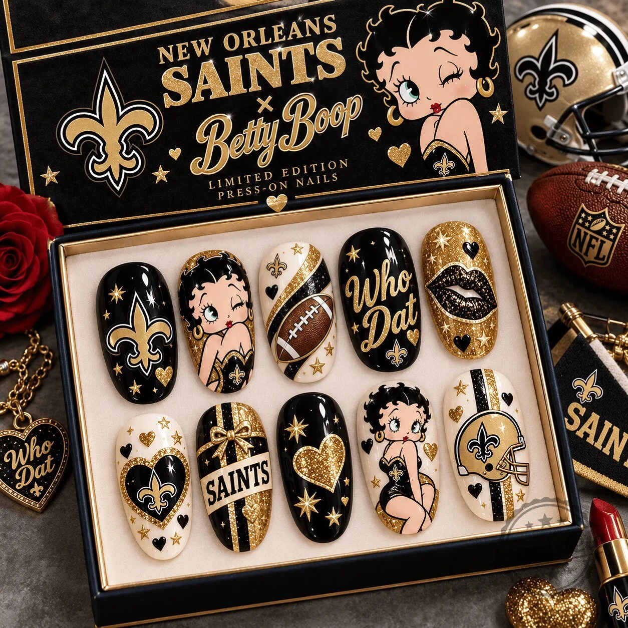 New Orleans Saints Betty Boop Glamour Football Fan Press-On Nails Set