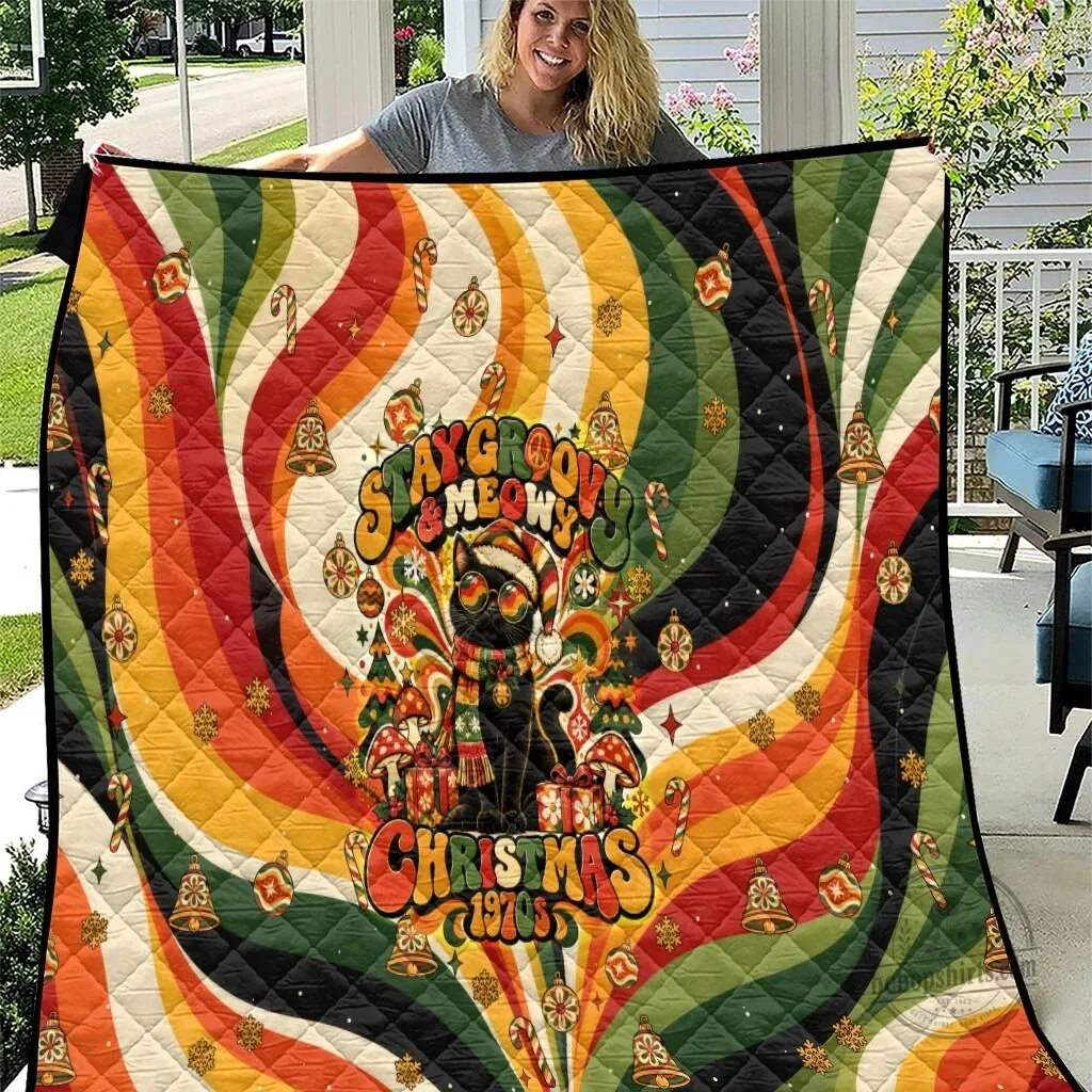 Stay Groovy Meowy Christmas Black Cat Vintage 1970s Retro Holiday Quilt Blanket
