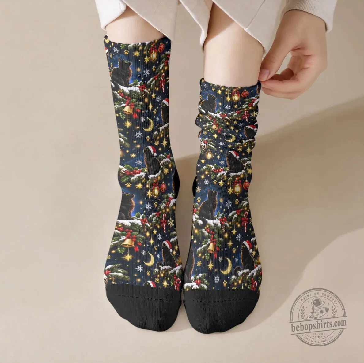 Black Cat Meowy Christmas Tree Snow Stars Holiday Pattern Crew Socks
