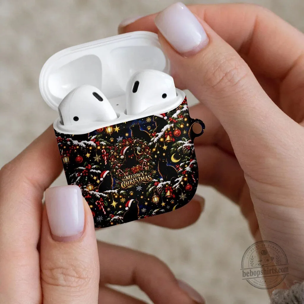 Black Cat Meowy Christmas Festive Night Tree Snow Stars AirPods Case 8 Black Cat Meowy Christmas Festive Night Tree Snow Stars AirPods Case