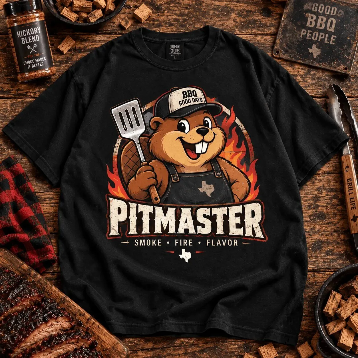 Buc-ee's Beaver BBQ Pitmaster Smoke Fire Flavor Black T-Shirt 7 Buc-ee