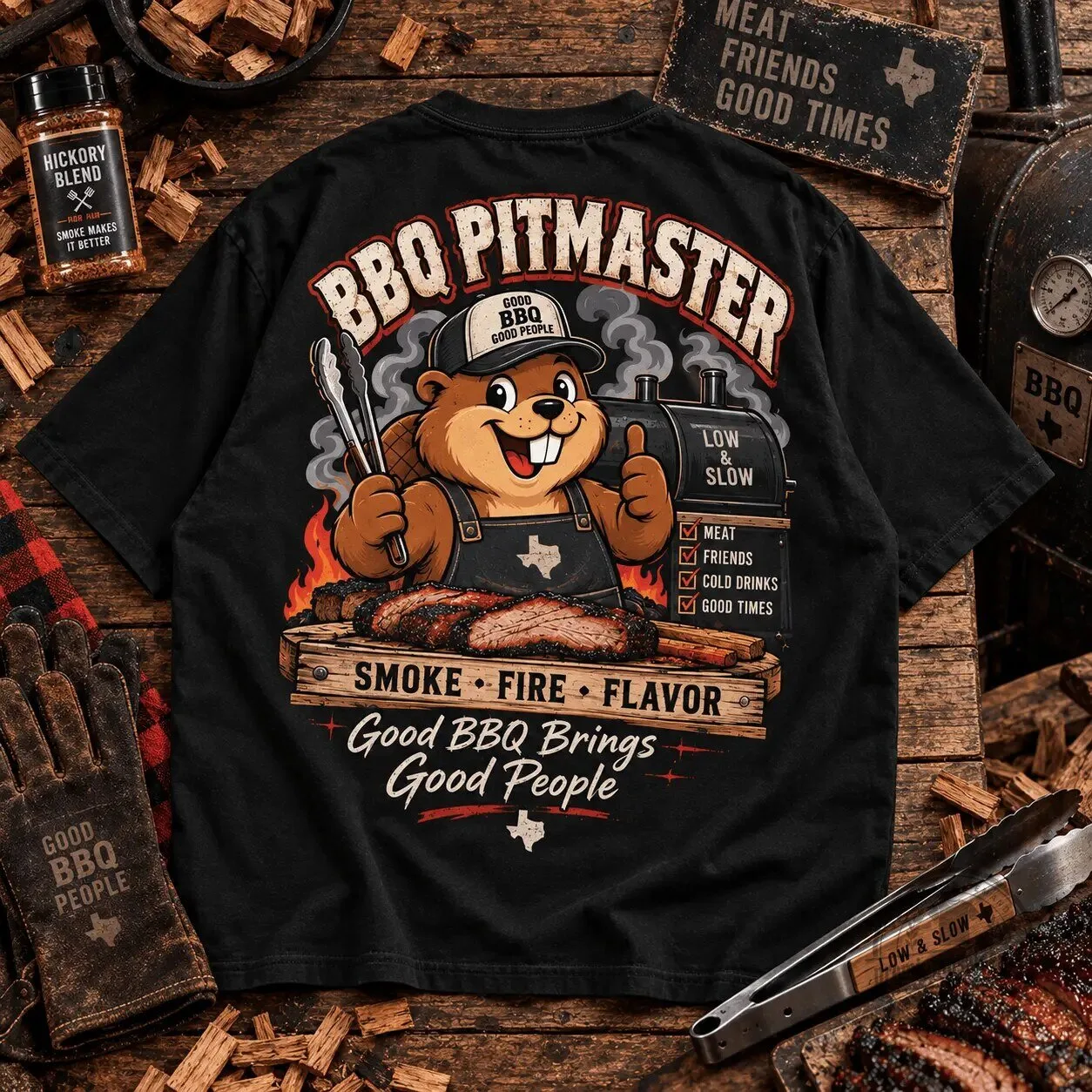 Buc-ee's Beaver BBQ Pitmaster Smoke Fire Flavor Black T-Shirt 8 Buc-ee