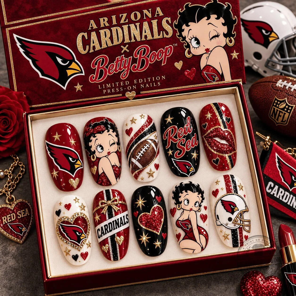 Arizona Cardinals Betty Boop Football Fan Glamour Press-On Nails Set