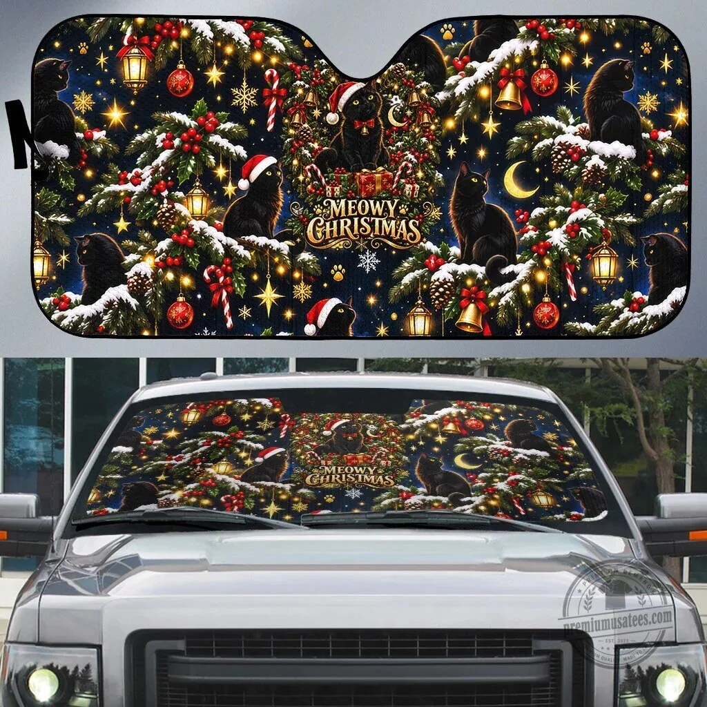 Black Cat Meowy Christmas Tree Holiday Pattern Car Sunshade