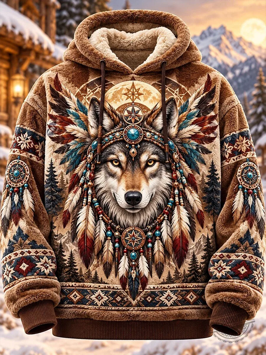 Native American Wolf Dreamcatcher Winter Fleece Hoodie for Men