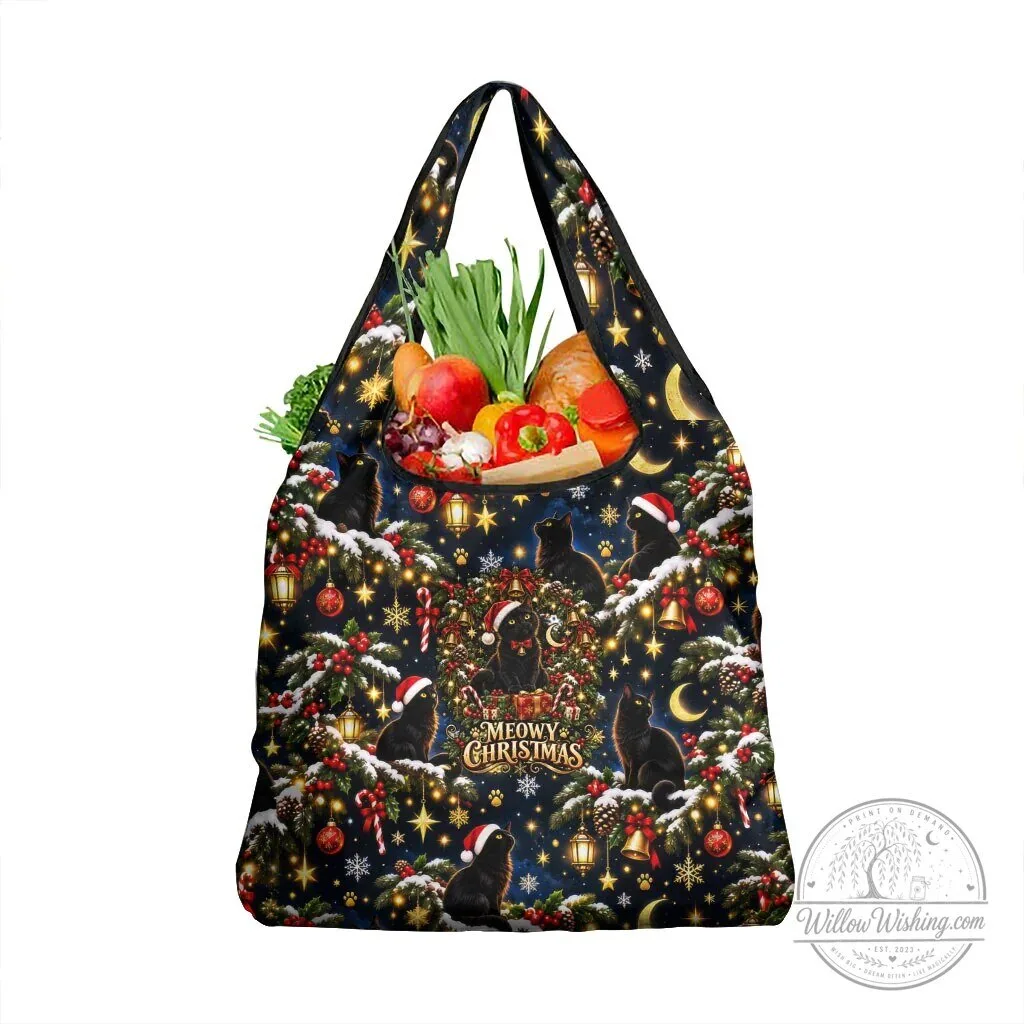 Meowy Christmas Black Cat Festive Night Tree Snow Stars Holiday Pattern Art Bag 4 Meowy Christmas Black Cat Festive Night Tree Snow Stars Holiday Pattern Art Bag
