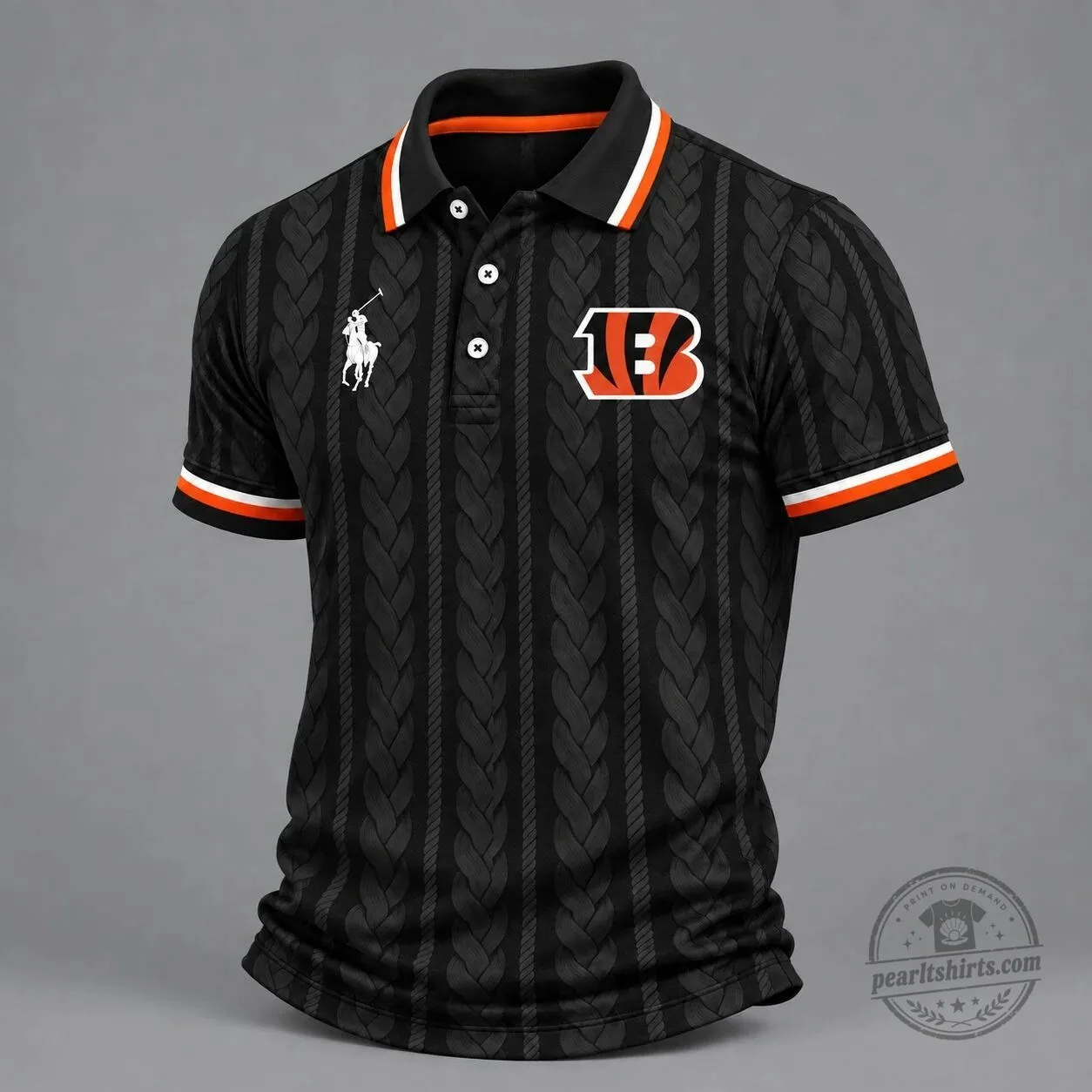Cincinnati Bengals NFL Football Team Black Cable Knit Pattern Polo Shirt