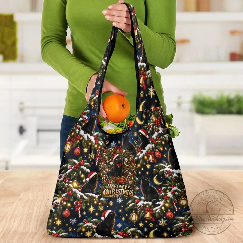 Meowy Christmas Black Cat Festive Night Tree Snow Stars Holiday Pattern Art Bag 13 Meowy Christmas Black Cat Festive Night Tree Snow Stars Holiday Pattern Art Bag