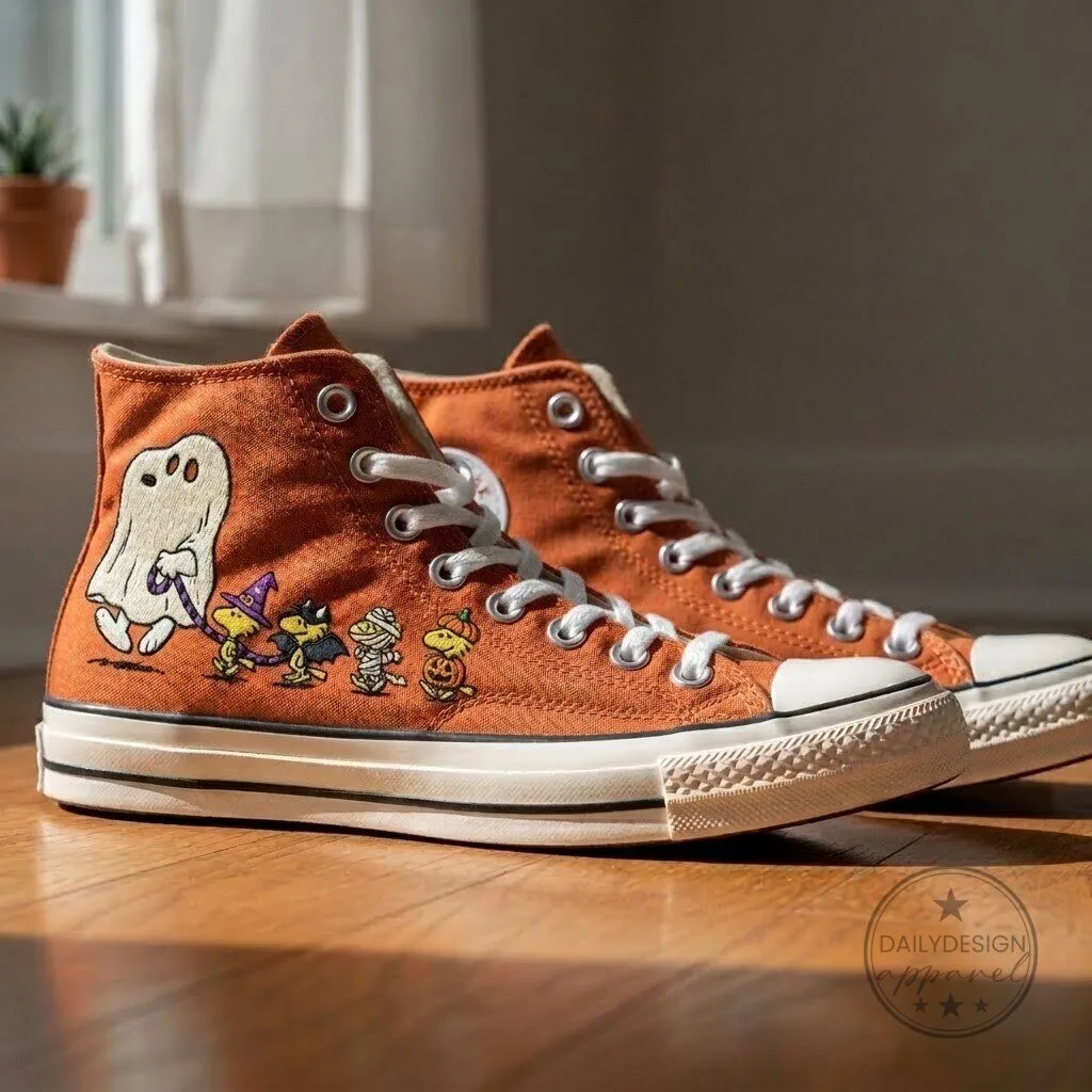 Snoopy and Woodstock Halloween Ghost and Monster Embroidered Orange High-Top Sneakers
