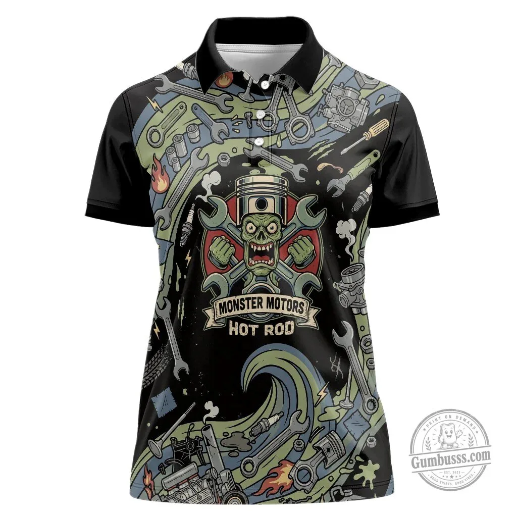 Monster Motors Hot Rod Zombie Mechanic Vintage Auto Tools All-Over Print Polo Shirt 5 Monster Motors Hot Rod Zombie Mechanic Vintage Auto Tools All-Over Print Polo Shirt