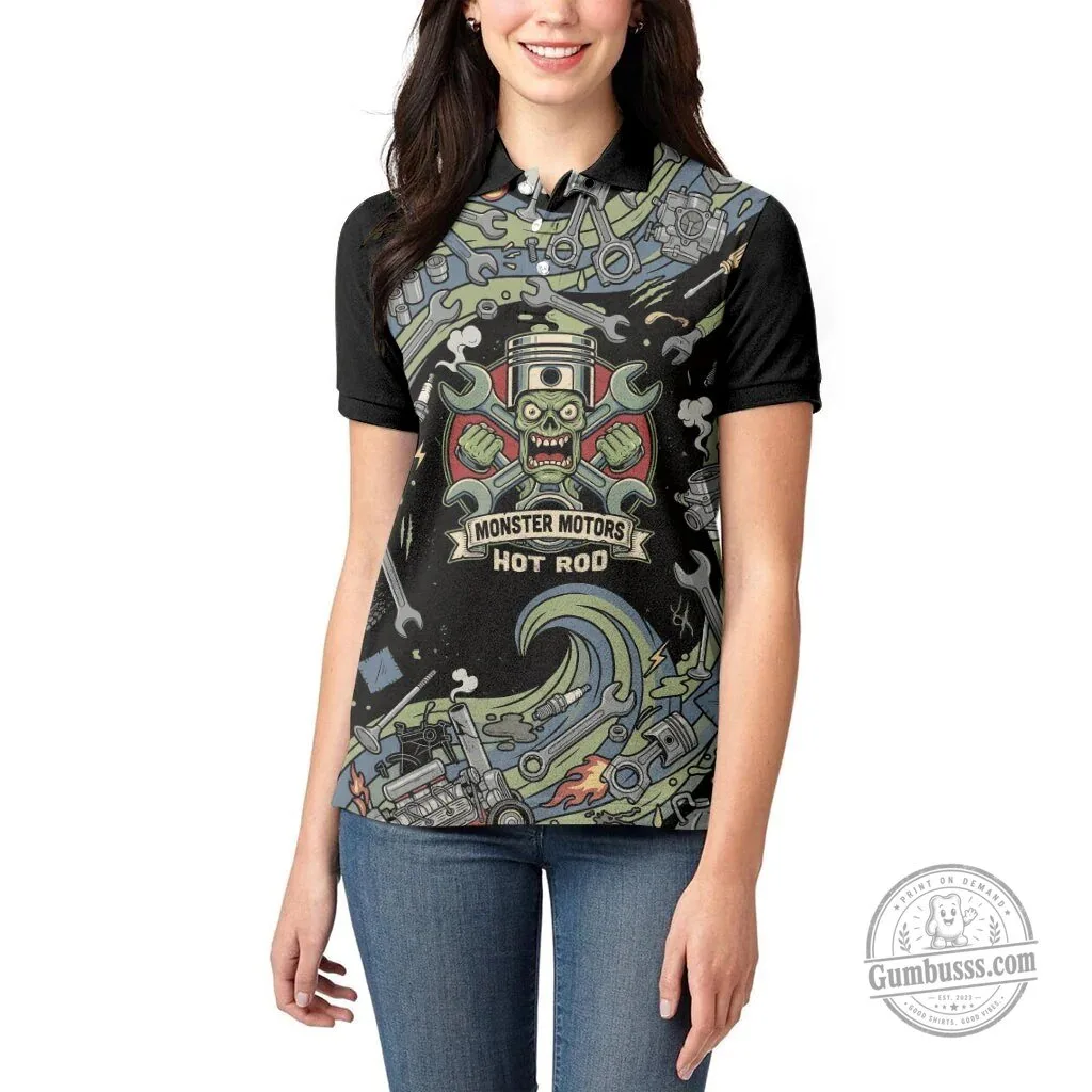Monster Motors Hot Rod Zombie Mechanic Vintage Auto Tools All-Over Print Polo Shirt 8 Monster Motors Hot Rod Zombie Mechanic Vintage Auto Tools All-Over Print Polo Shirt