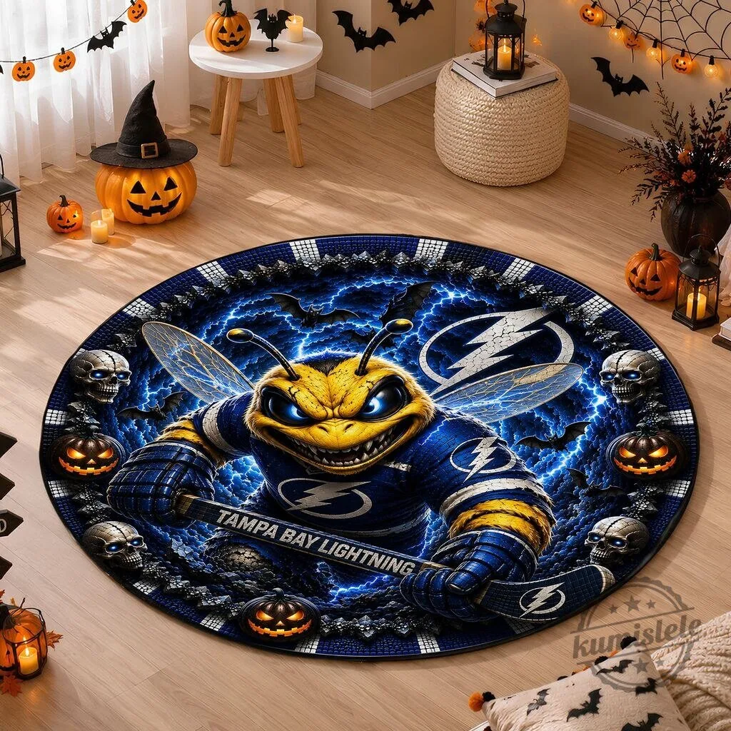 Tampa Bay Lightning Halloween Round Quilted Rug with Scary Bee Design