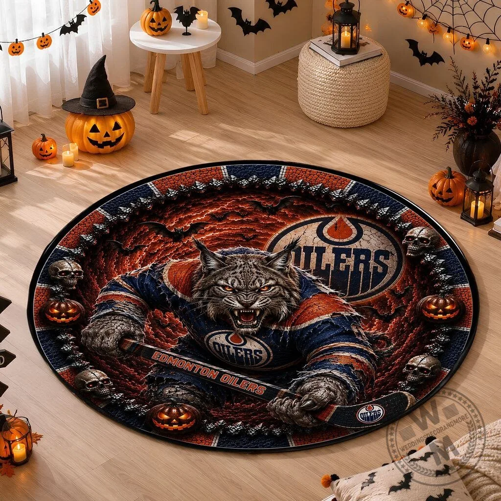 Edmonton Oilers Halloween Werewolf Hockey Round Area Rug