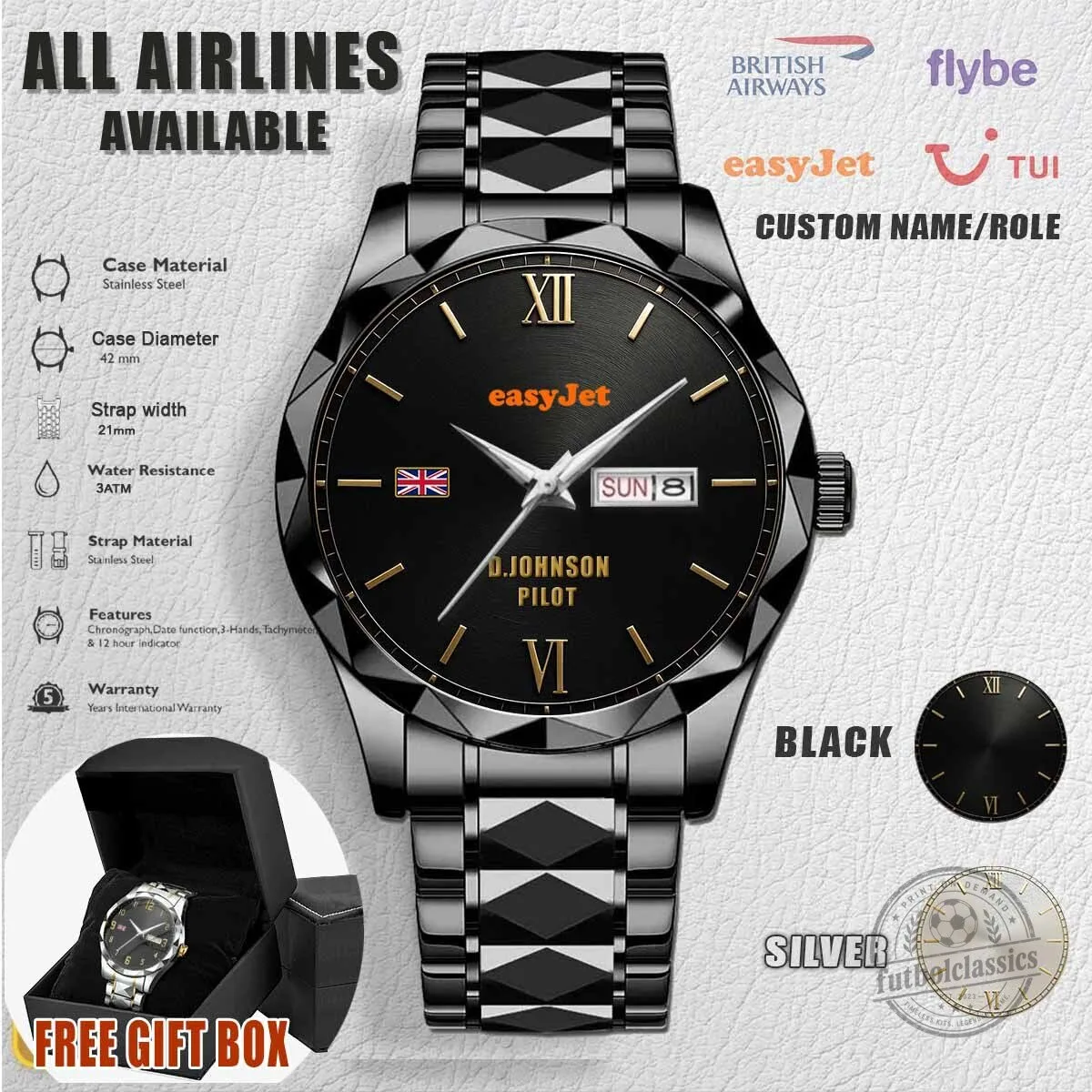 EasyJet Airline Company Custom Name Pilot Stainless Steel Watch