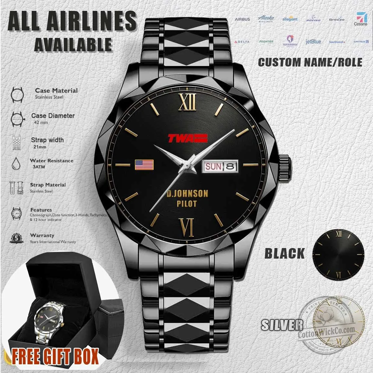 Trans World Airlines Pilot Stainless Steel Custom Name Watch