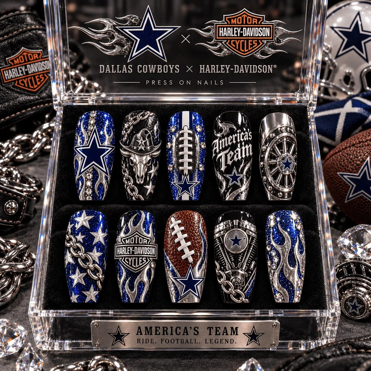Dallas Cowboys Football Harley-Davidson Flame Press-On Nails Set
