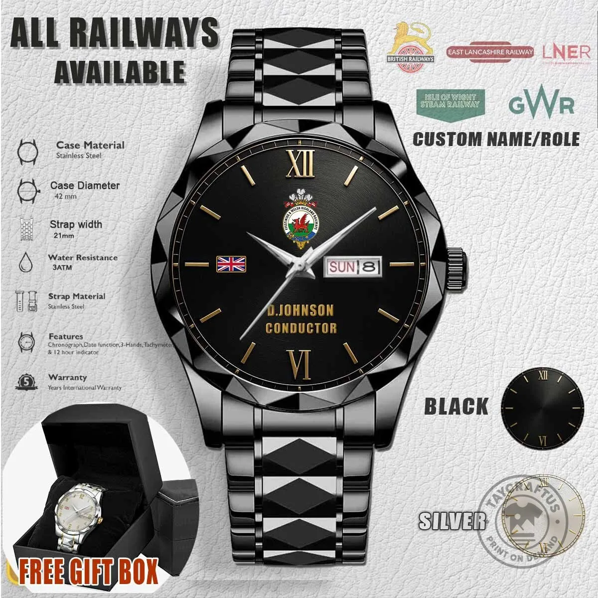 Ffestiniog Railway Stainless Steel Watch with Custom Name