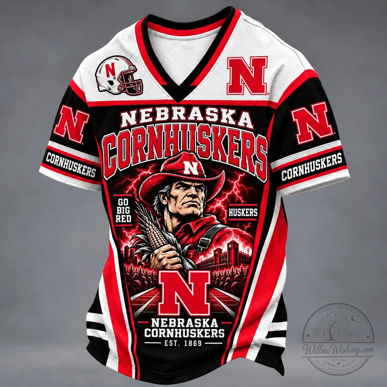 Nebraska Cornhuskers Football Team Mascot Spirit V-Neck T-Shirt