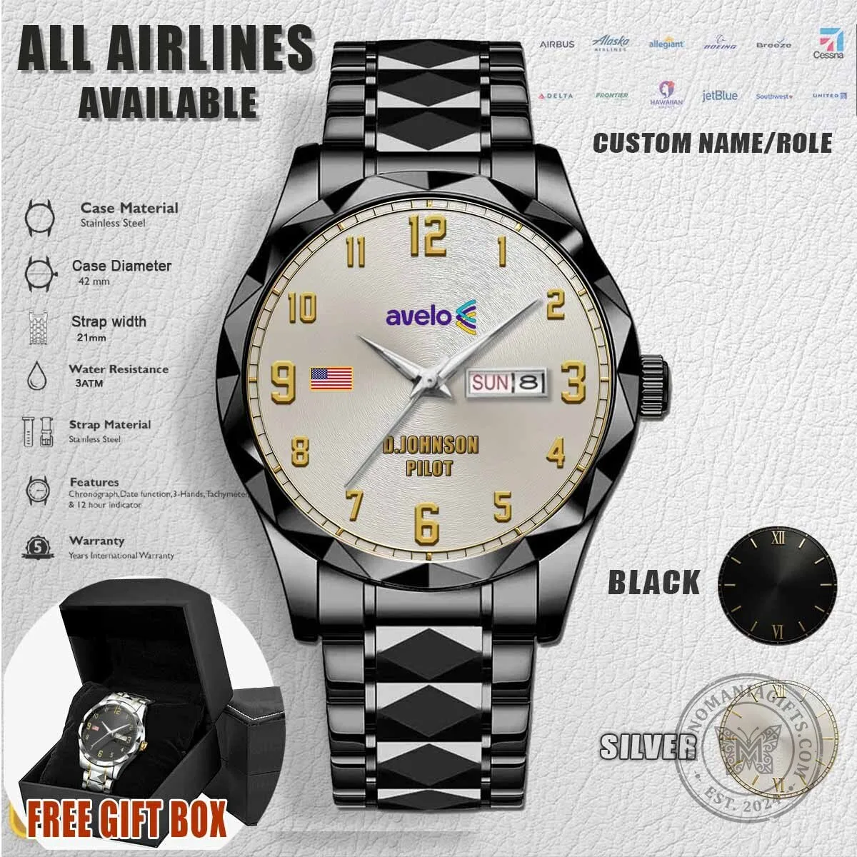 Avelo Airlines Pilot Custom Name Stainless Steel Watch 4 Avelo Airlines Pilot Custom Name Stainless Steel Watch