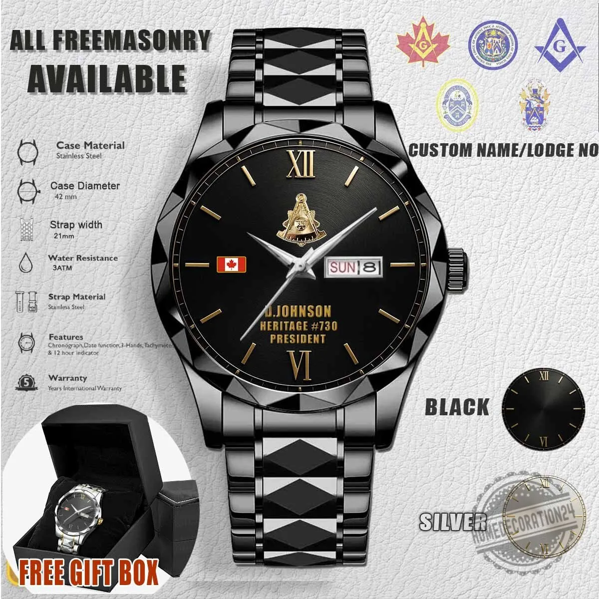 Freemasonry Masonic Sun Emblem Stainless Steel Watch for Men