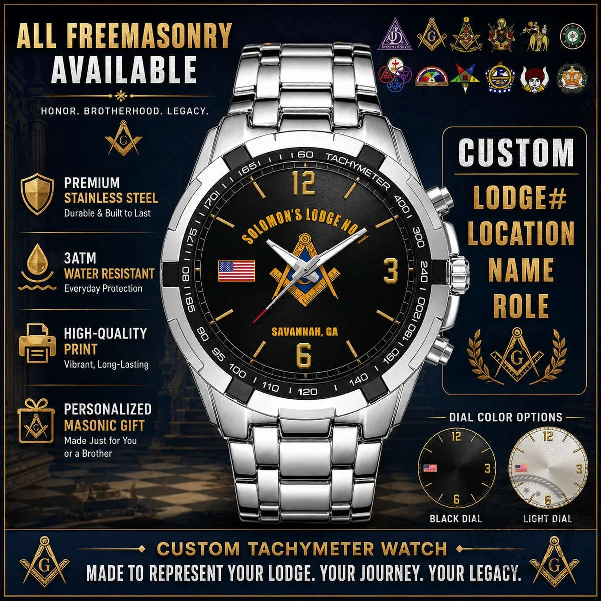 Custom Freemasonry Solomon's Lodge Number One Savannah Georgia Stainless Steel Watch