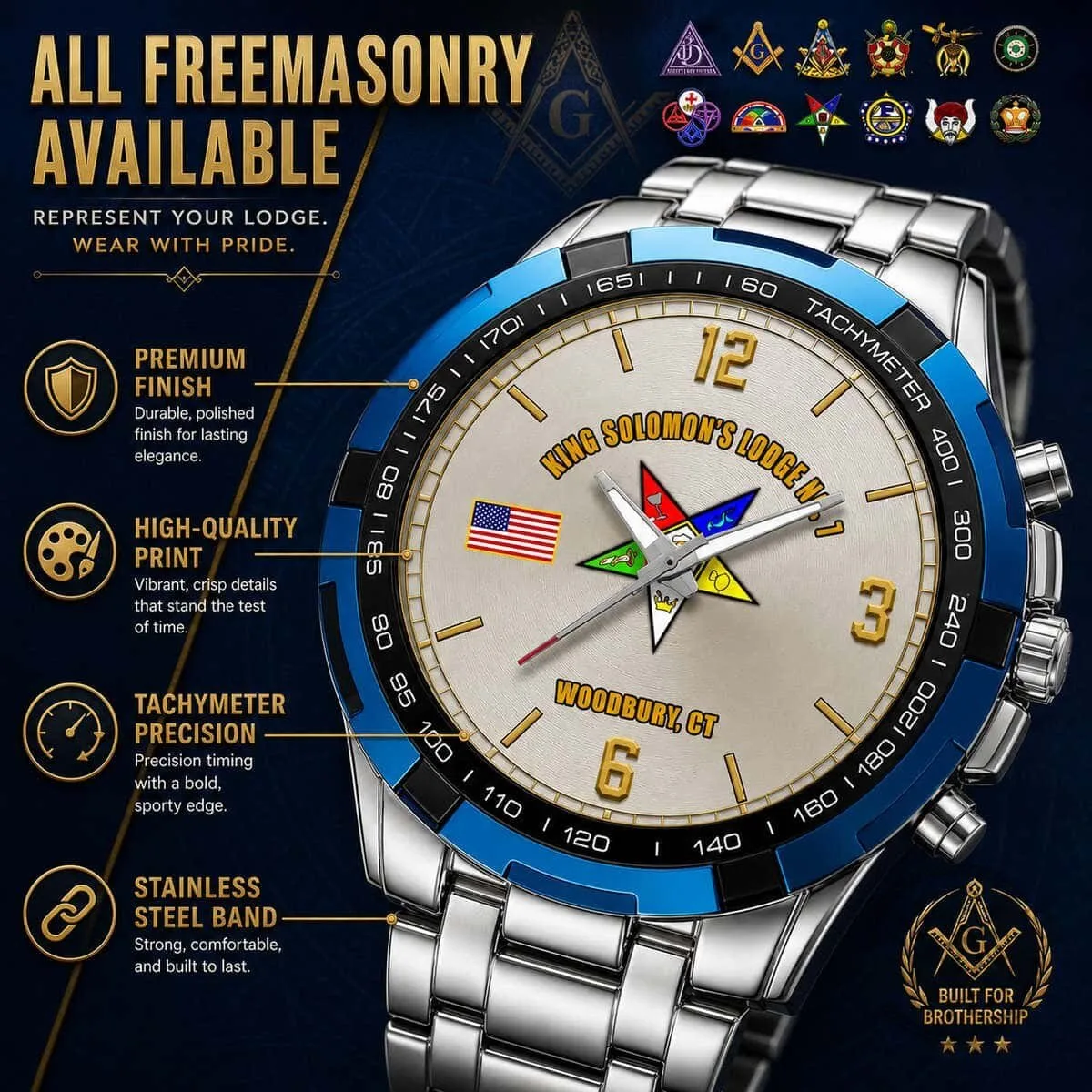 Custom Freemasonry Solomon's Lodge Number One Savannah Georgia Stainless Steel Watch 7 Custom Freemasonry Solomon