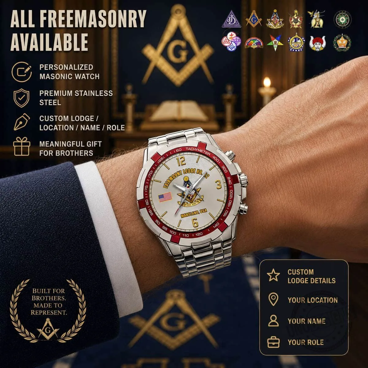 Custom Freemasonry Solomon's Lodge Number One Savannah Georgia Stainless Steel Watch 8 Custom Freemasonry Solomon