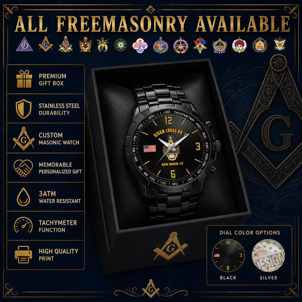 Custom Freemasonry Solomon's Lodge Number One Savannah Georgia Stainless Steel Watch 9 Custom Freemasonry Solomon