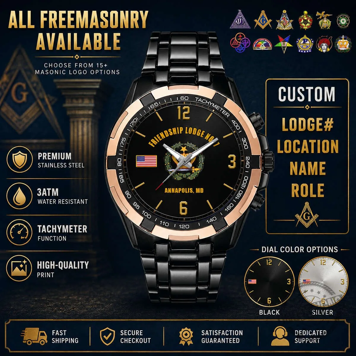 Custom Freemasonry Solomon's Lodge Number One Savannah Georgia Stainless Steel Watch 10 Custom Freemasonry Solomon