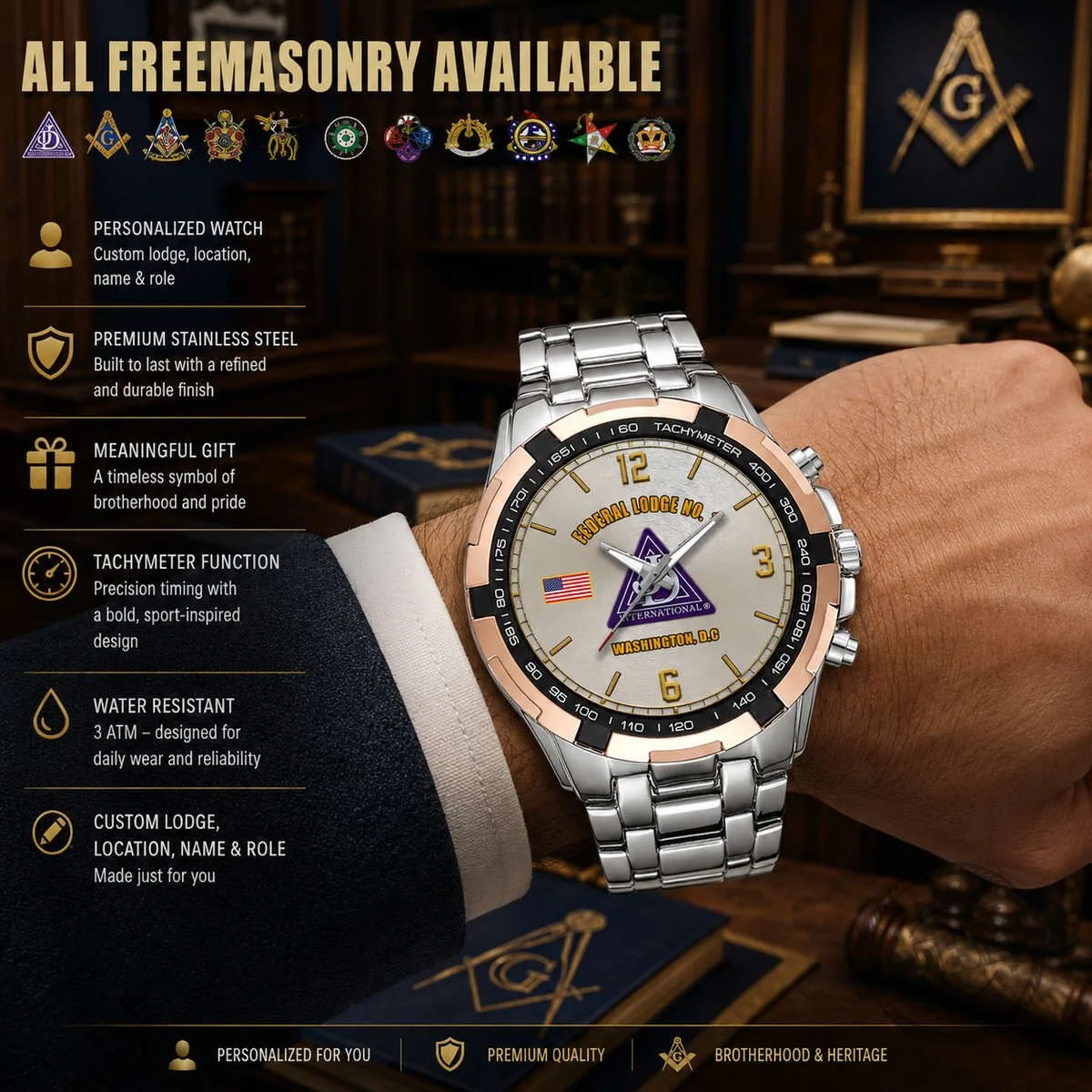 Custom Freemasonry Solomon's Lodge Number One Savannah Georgia Stainless Steel Watch 11 Custom Freemasonry Solomon